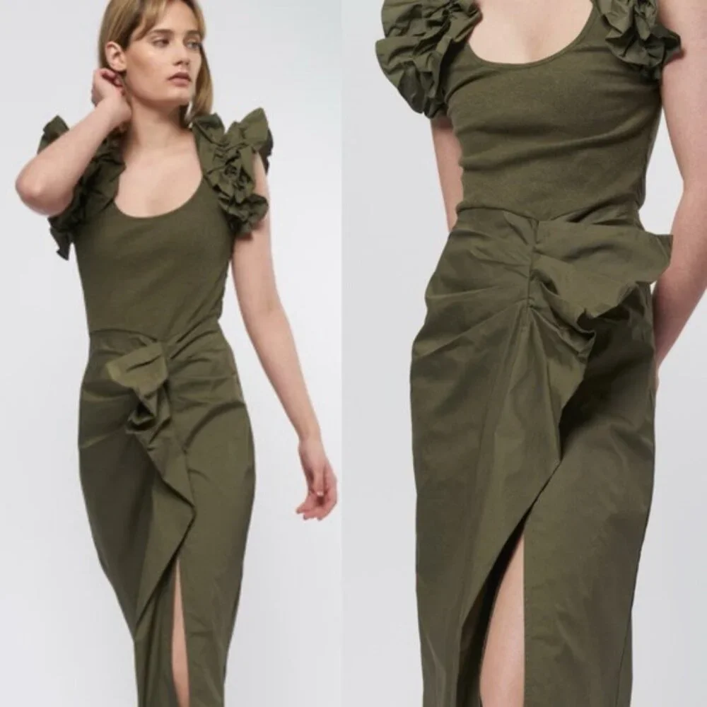Ulla Johnson Isabella Ruffle Dress XL Military Melange Draped Midi Green - Picture 4 of 13